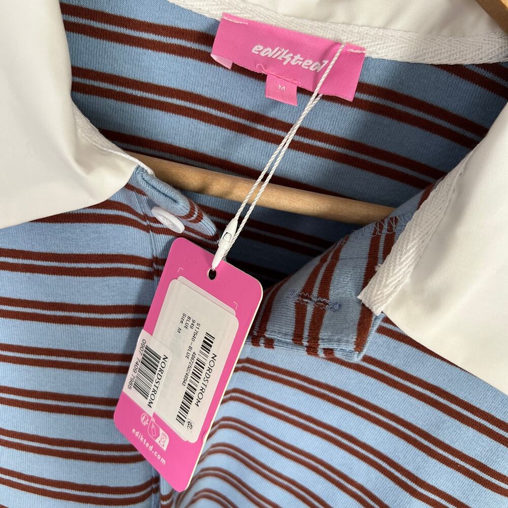 Edikted Stripey Oversized Collared Shirt Rugby Polo Top Long Sleeve Blue Brown M - Picture 7 of 8